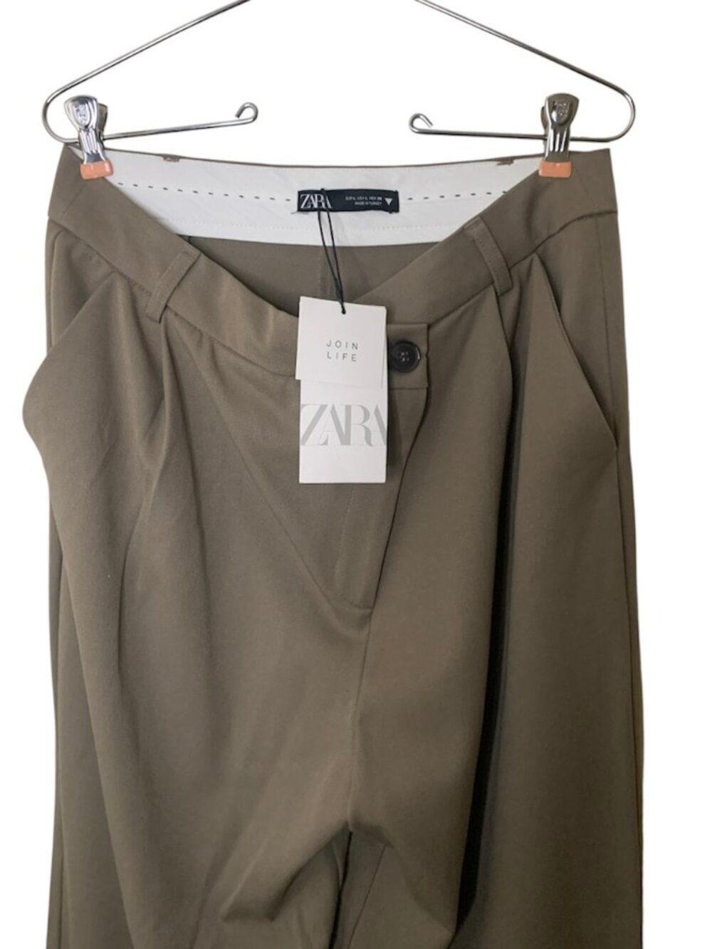 Zara Asymmetric Wide-Leg Pleated Trousers, Olive/Sage Sz L - Picture 4 of 6